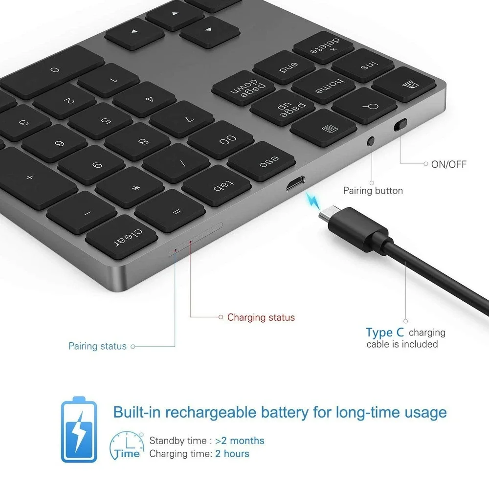 Lekvey Bluetooth Numeric Keypad Wireless Rechargeable Aluminum Number Pad Gray